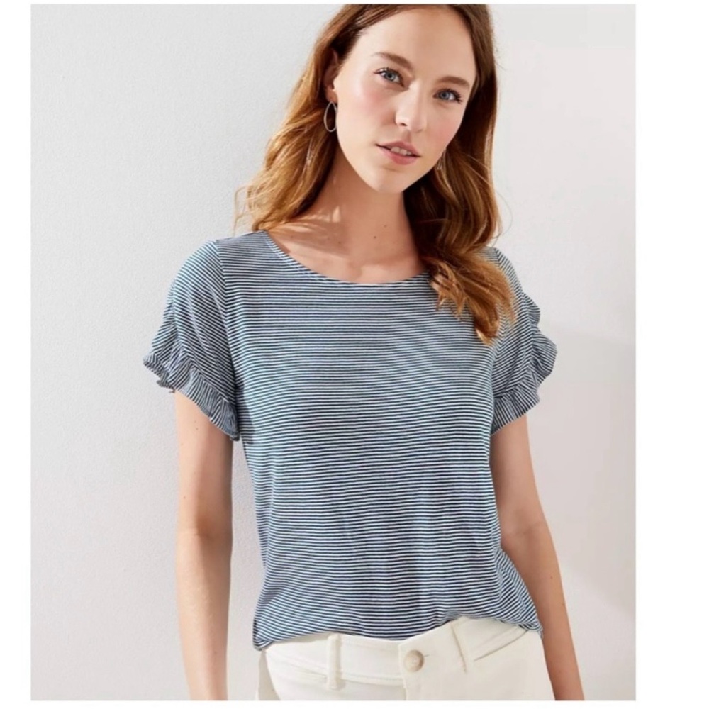 LOFT Navy and White Striped Ruffle Sleeve Tee